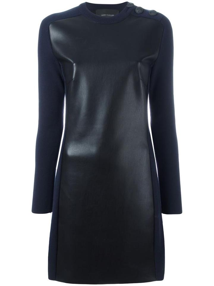 Cédric Charlier Imitation Leather Buttoned Dress, Women's, Size: 44, Black, Polyester/virgin Wool/polyamide