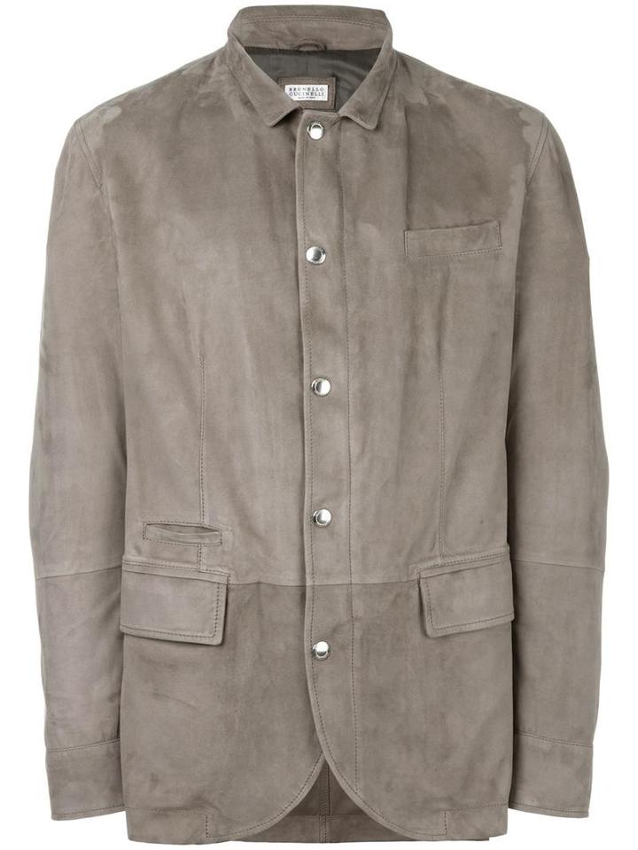 Brunello Cucinelli Flap Pocket Jacket, Men's, Size: Medium, Grey, Leather/cupro