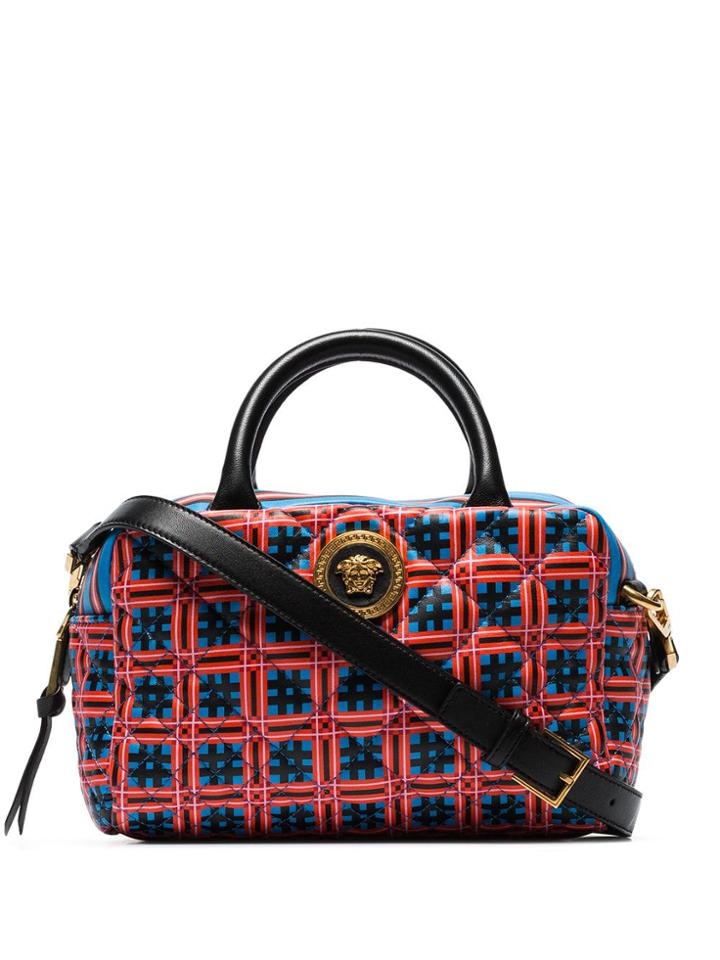 Versace Red And Blue Quilted Top Handle Leather Cross Body Bag -