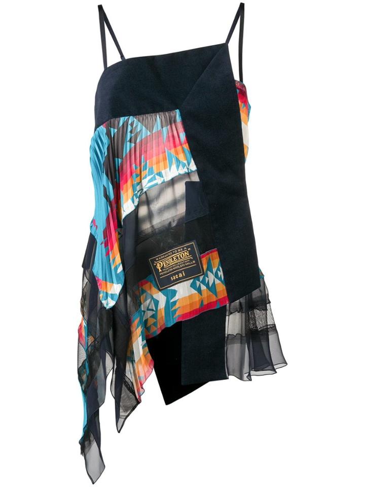 Sacai Pendleton-print Asymmetric Top - Blue