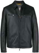 Canali Leather Zipped Up Jacket - Black