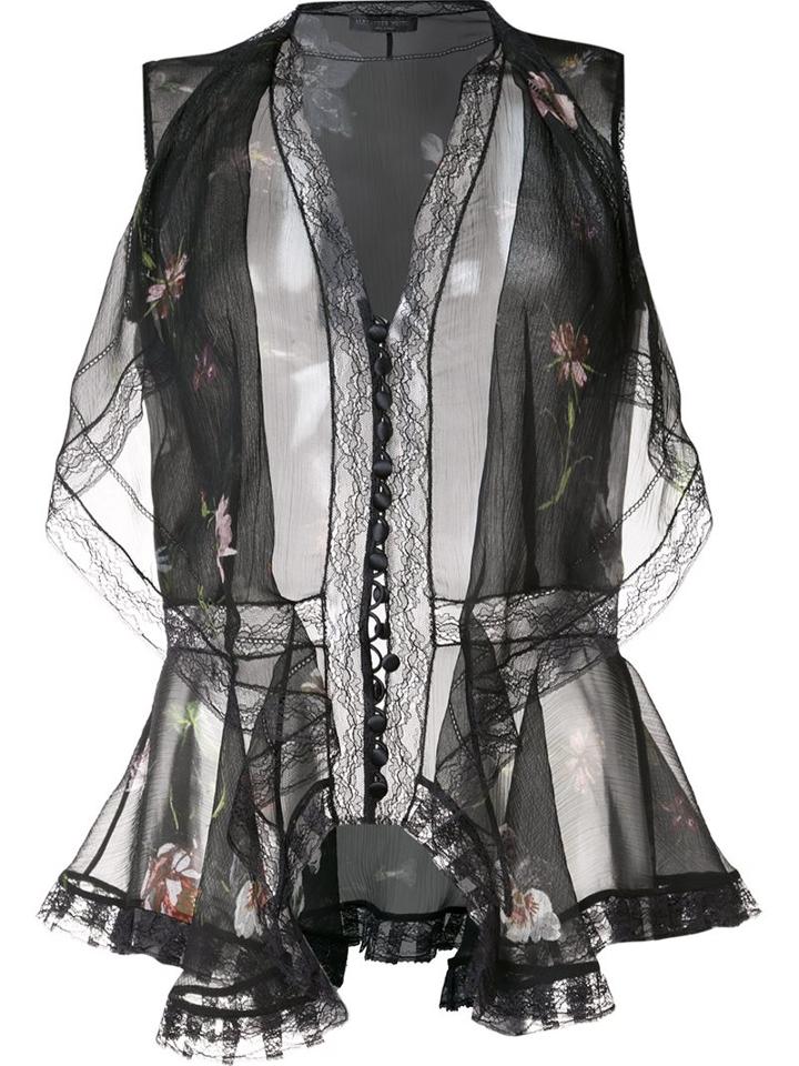 Alexander Mcqueen Draped Floral Design Blouse, Women's, Size: 42, Black, Silk