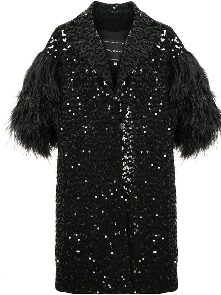 Andrew Gn Feather-sleeved Sequin Coat - Black