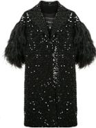 Andrew Gn Feather-sleeved Sequin Coat - Black