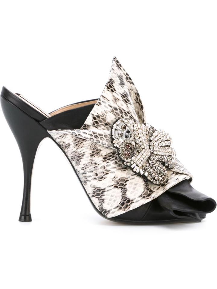 No21 Snakeskin Effect Bow Mules, Women's, Size: 39, Black, Calf Leather/snake Skin/leather