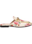 Gucci Princetown Rose Print Leather Slippers - White