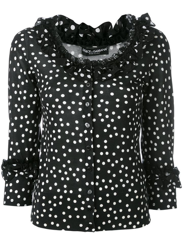 Dolce & Gabbana Frill Polka Dot Cardigan, Women's, Size: 44, Black, Silk/cotton/polyamide