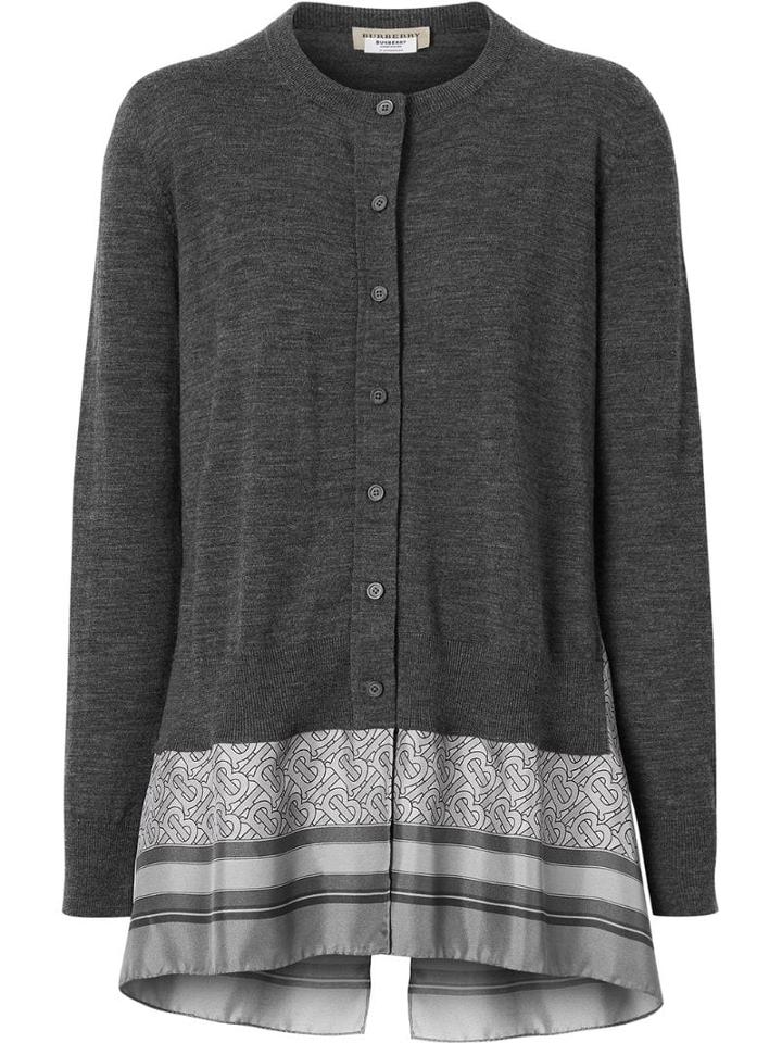 Burberry Monogram Print Scarf Detail Wool Cardigan - Grey