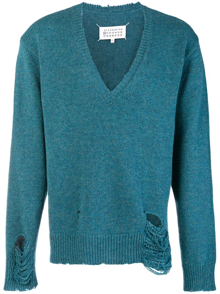 Maison Margiela Distressed V-neck Sweater - Blue