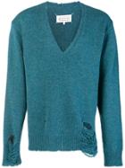 Maison Margiela Distressed V-neck Sweater - Blue