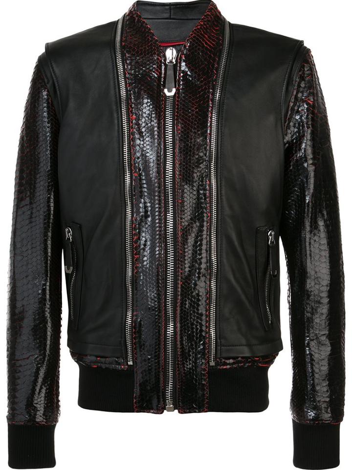 Philipp Plein Zip Detailed Bomber Jacket, Men's, Size: Xl, Black, Python Skin/sheep Skin/shearling
