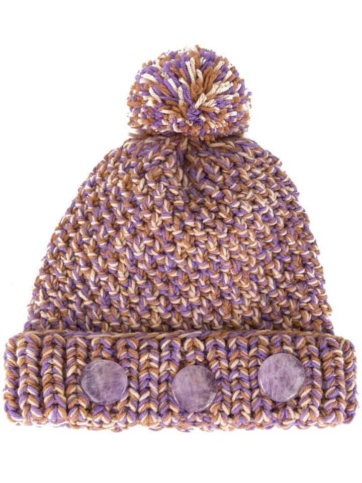 0711 Pompom Knit Beanie - Purple