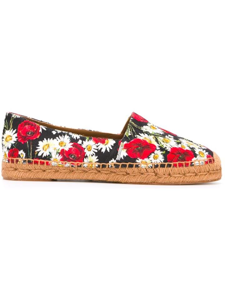 Dolce & Gabbana Daisy And Poppy Print Espadrilles, Women's, Size: 40, Black, Cotton/leather