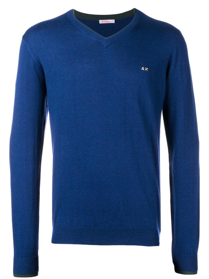 Sun 68 Slim-fit Logo V-neck Sweater - Blue