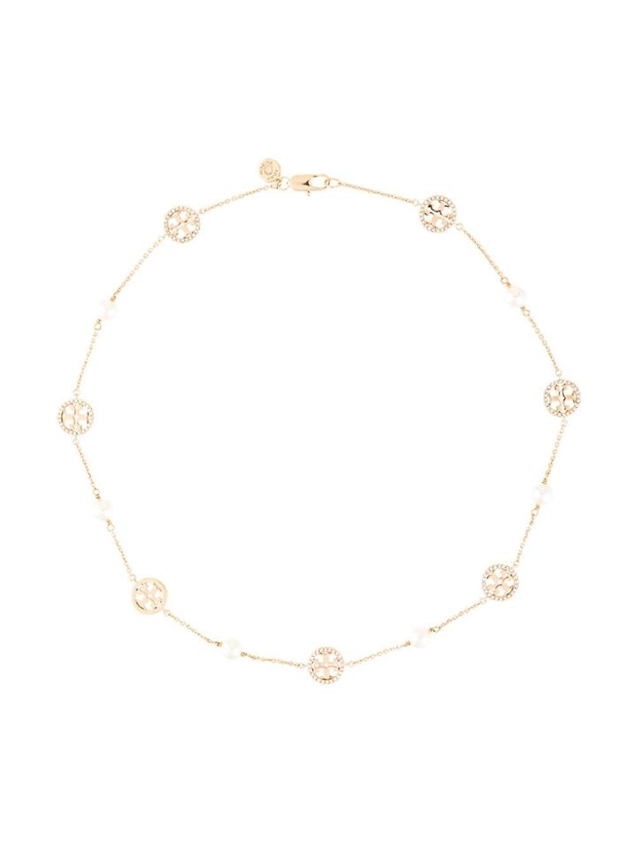 Tory Burch Crystal Pearl Logo Necklace - Gold