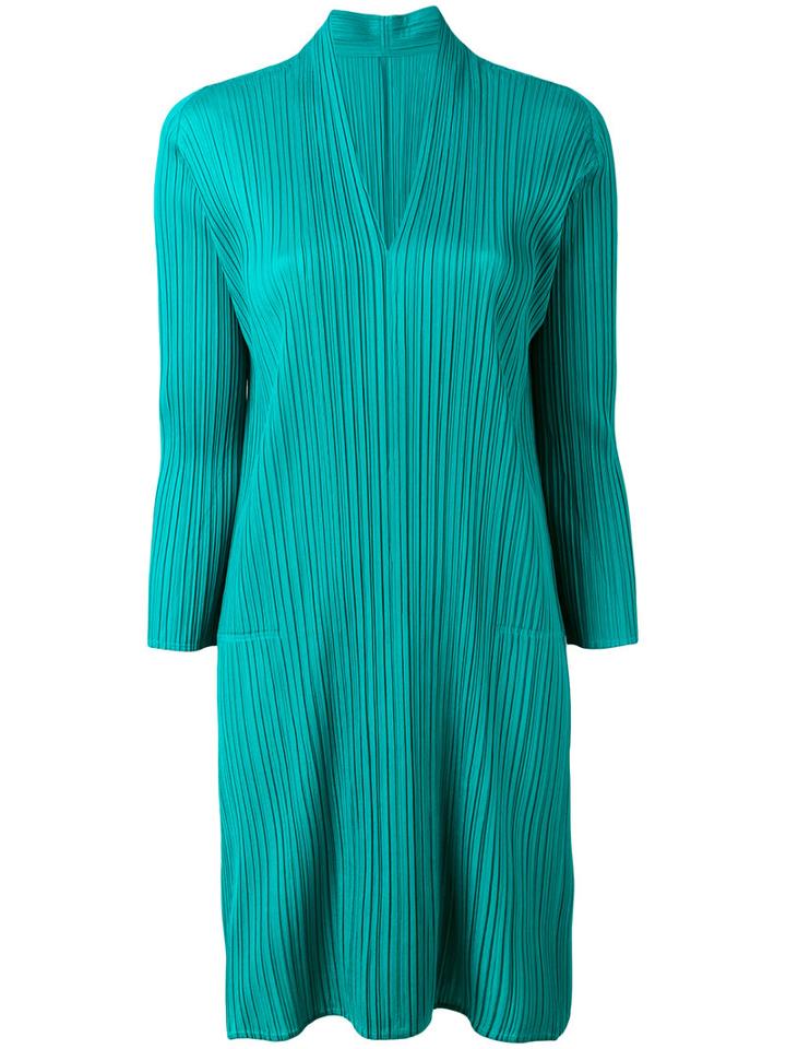 Pleats Please By Issey Miyake - Pleated V-neck Dress - Women - Polyester - 4, Green, Polyester