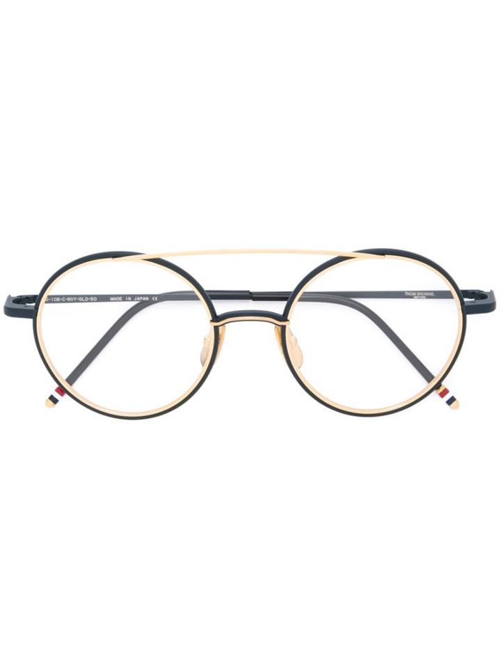 Thom Browne Round Frame Glasses, Blue, Metal/18kt Gold