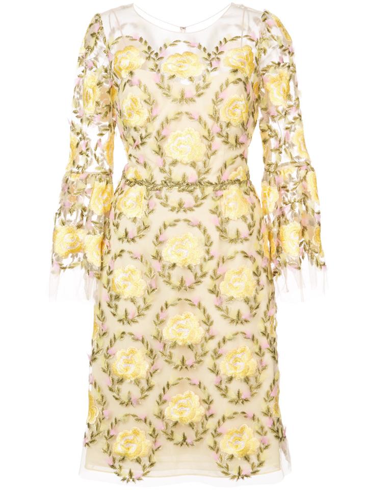 Marchesa Notte Floral-embroidered Dress - Yellow & Orange