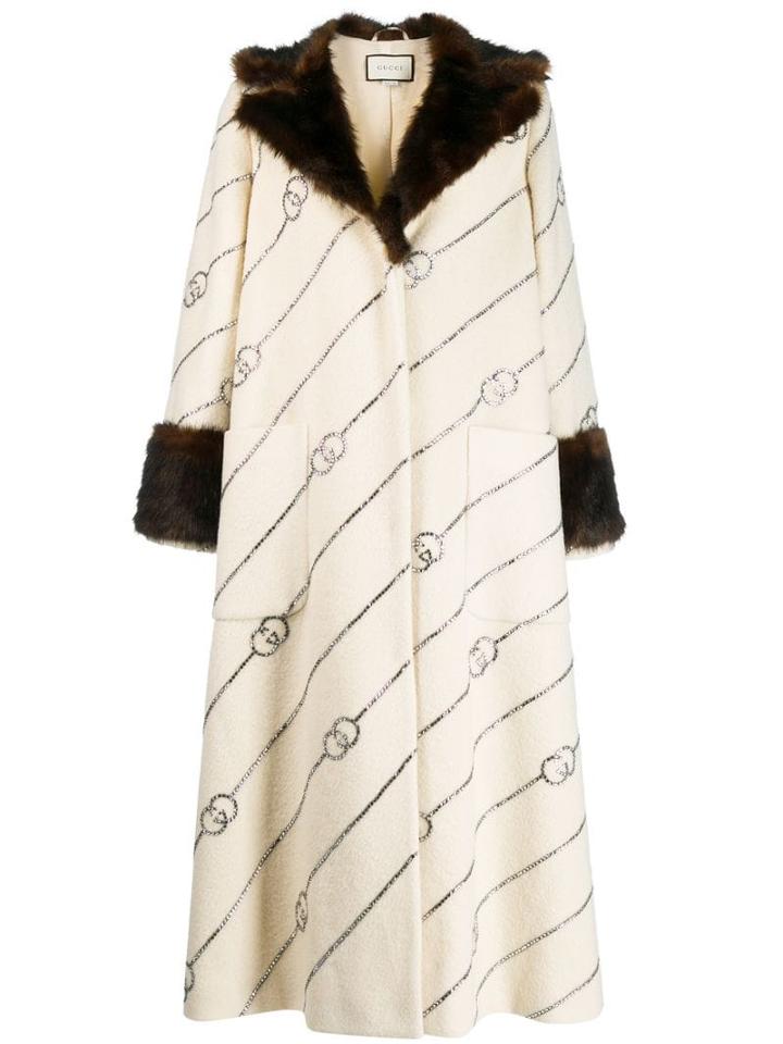 Gucci Fur Collar Monogrammed Coat - White