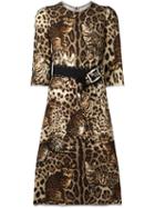 Dolce & Gabbana Leopard Print Embellished Dress, Women's, Size: 50, Brown, Polyamide/wool