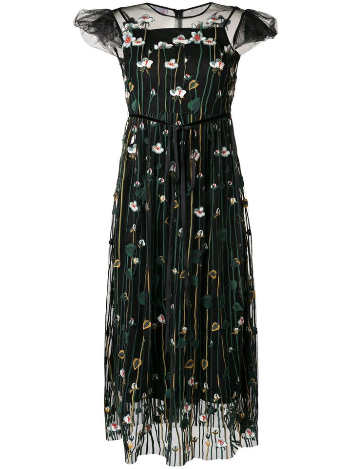 Red Valentino Embroidered Tulle Cap Sleeve Midi Dress - Black
