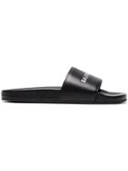 Balenciaga Leather Slides With Logo - Black
