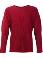 Homme Plissé Issey Miyake Pleated Crew Neck Sweatshirt, Men's, Size: 3, Red, Recycled Polyester