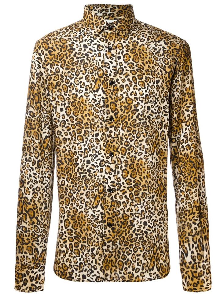 Saint Laurent Leopard Print Shirt, Men's, Size: 42, Black, Viscose