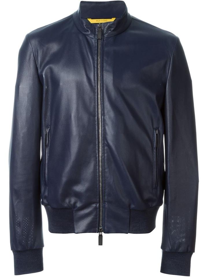 Canali Zip Bomber Jacket, Men's, Size: 48, Blue, Calf Leather/polyester