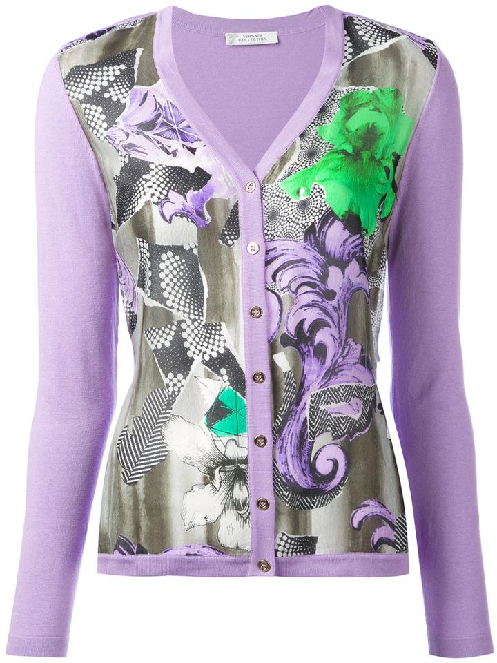 Versace Collection - Floral Print Cardigan - Women - Silk/cotton - 46, Nude/neutrals, Silk/cotton