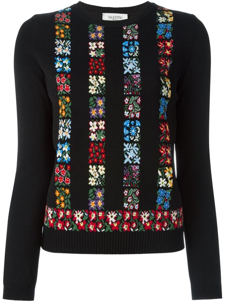 Valentino Floral Intarsia Sweater, Women's, Size: S, Black, Viscose/cotton/polyester