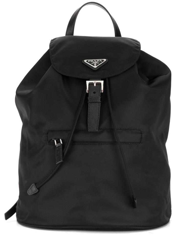 Prada Logo Plaque Nylon Backpack - Black
