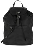 Prada Logo Plaque Nylon Backpack - Black