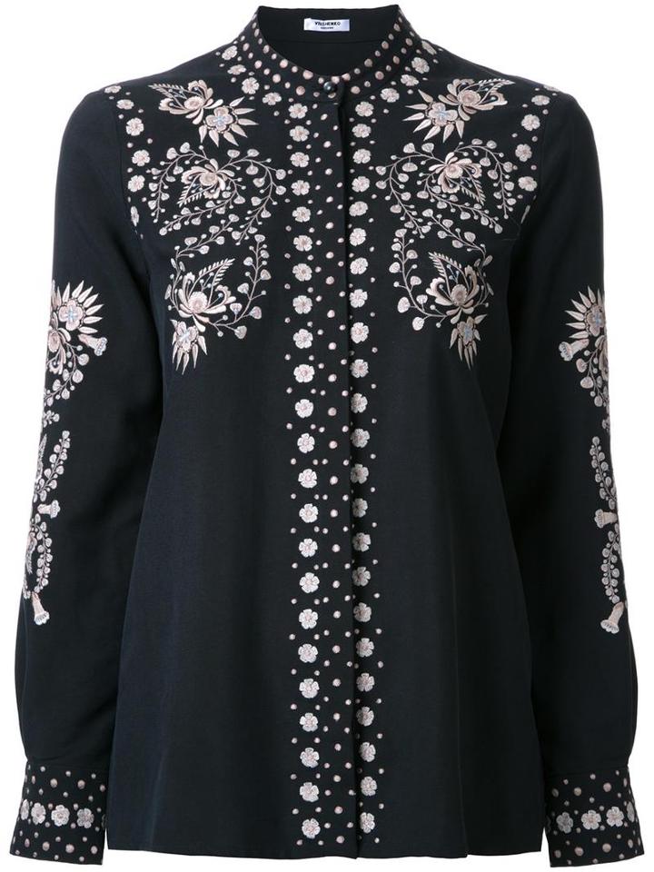 Vilshenko Collarless Embroidered Button-up Shirt, Women's, Size: 8, Black, Silk
