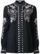 Vilshenko Collarless Embroidered Button-up Shirt, Women's, Size: 8, Black, Silk