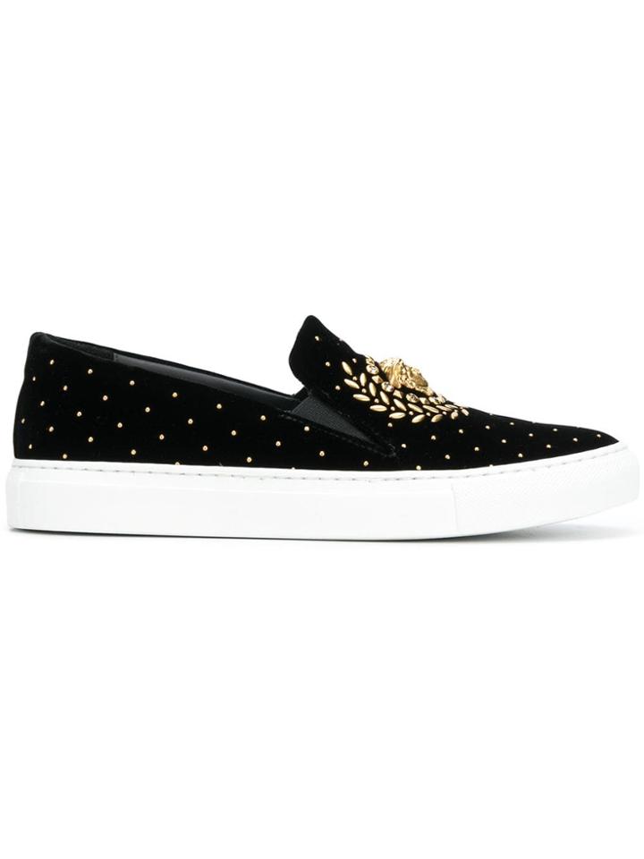 Versace Medusa Slip-on Leather And Velvet Sneakers - Black