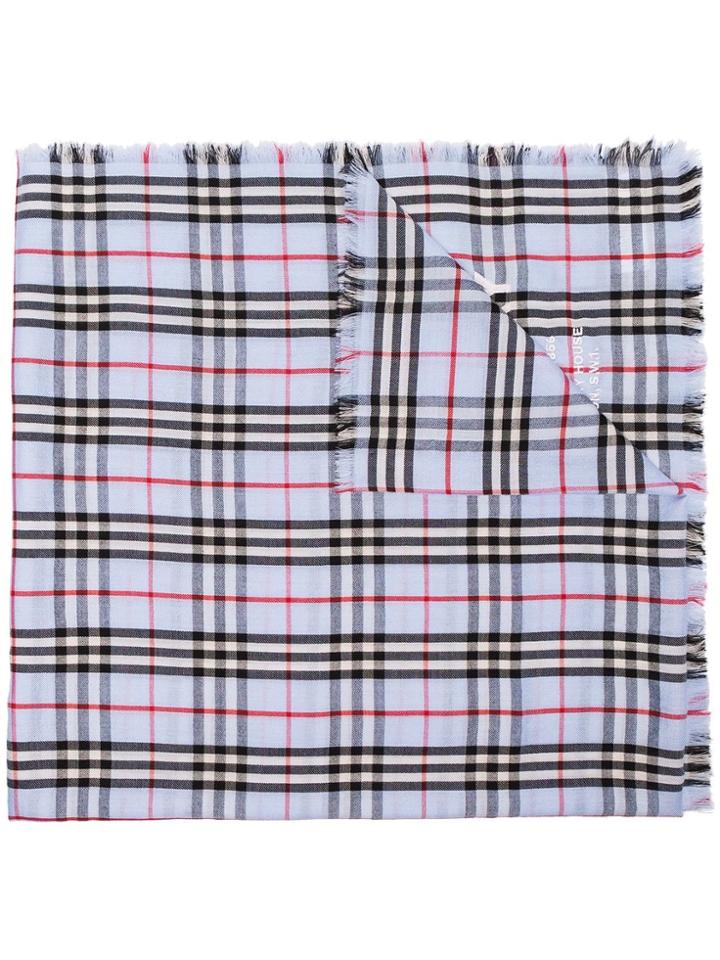 Burberry Blue Logo Print Check Cashmere Scarf