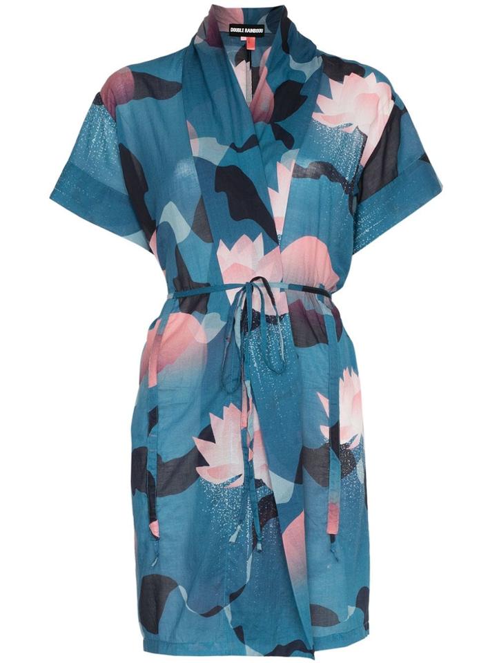 Double Rainbouu Vintage Floral Print Cotton Beach Kimono - Blue