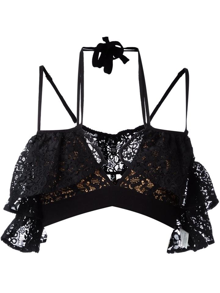 For Love And Lemons Ruffled Cropped Top, Women's, Size: Xs, Black, Nylon/polyester/cotton/spandex/elastane
