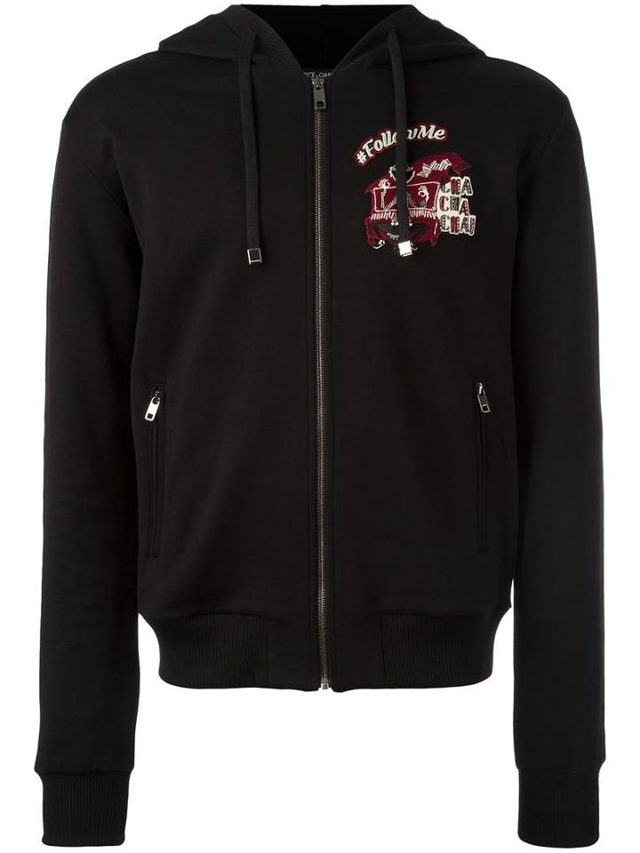 Dolce & Gabbana #followme Patch Zip Hoodie, Men's, Size: 44, Black, Calf Leather/viscose/polyester/cotton