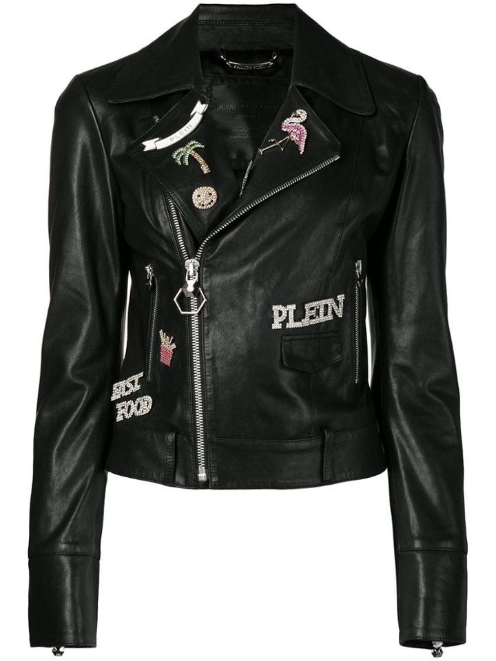 Philipp Plein Pin Embellished Biker Jacket - Black