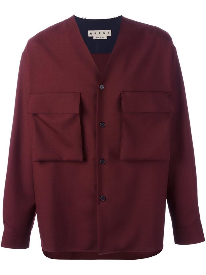 Marni Raw Edge V-neck Shirt, Men's, Size: 48, Red, Virgin Wool
