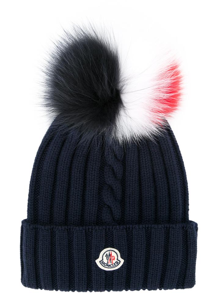 Moncler Pom-pom Logo Beanie Hat - Blue