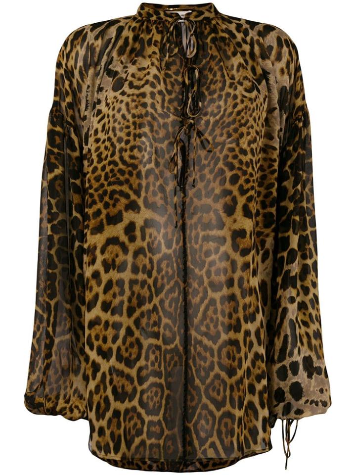 Saint Laurent Leopard Print Silk Blouse - Brown