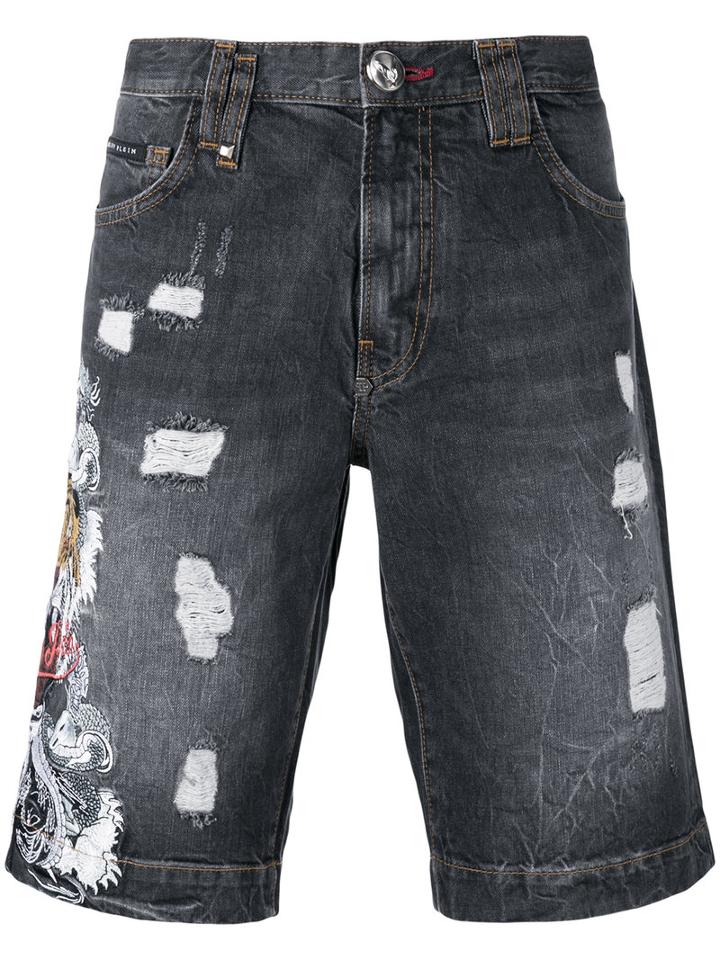 Philipp Plein - Embroidered Tiger Shorts - Men - Cotton - 31, Grey, Cotton