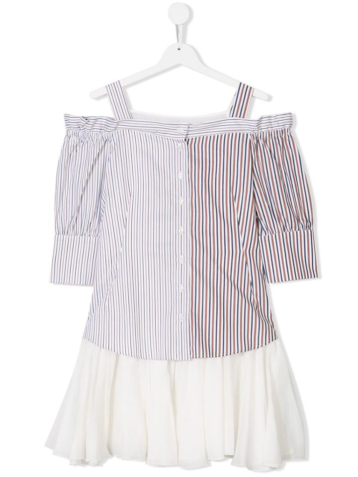 Dondup Kids Striped Cold Shoulder Dress - White