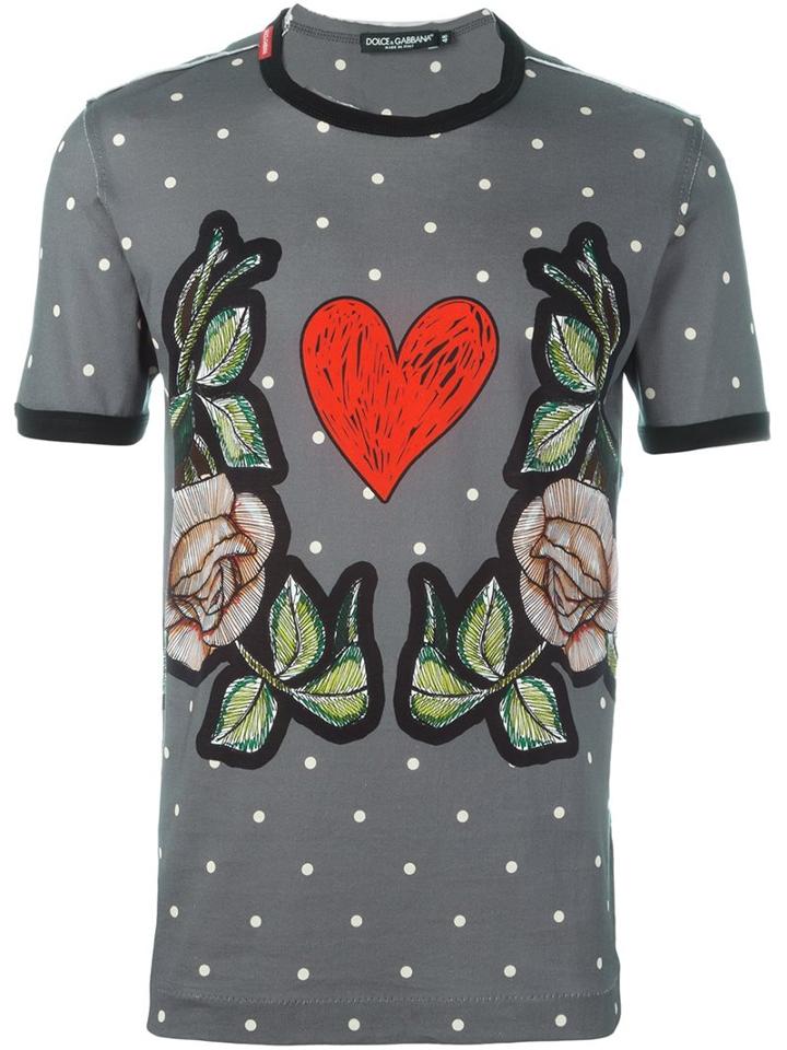 Dolce & Gabbana Roses & Heart Print T-shirt, Men's, Size: 50, Grey, Cotton