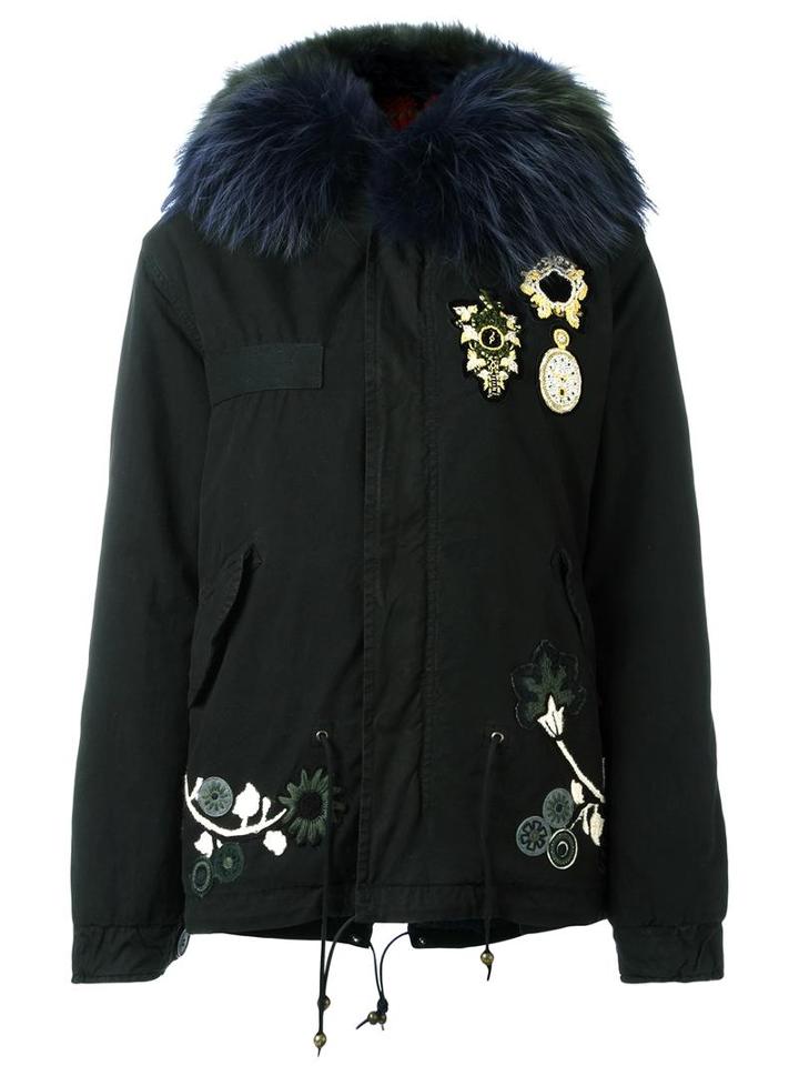 Mr & Mrs Italy Embroidered Mini Parka, Women's, Size: Xs, Black, Cotton/lamb Skin/virgin Wool/racoon Fur