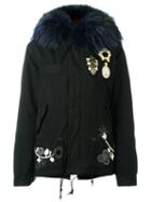 Mr & Mrs Italy Embroidered Mini Parka, Women's, Size: Xs, Black, Cotton/lamb Skin/virgin Wool/racoon Fur