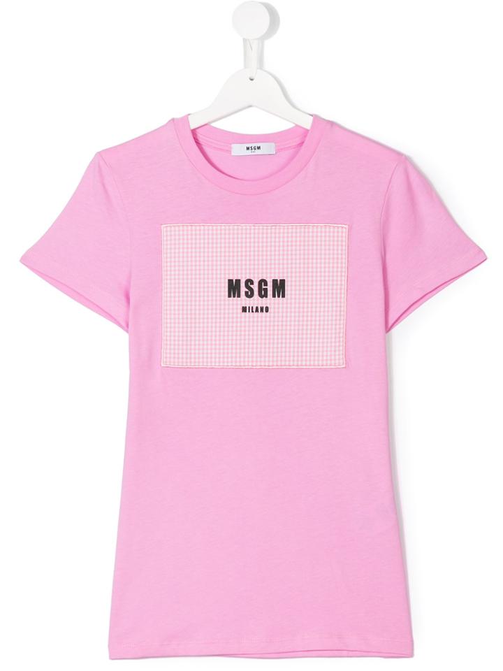 Msgm Kids Check Logo Patch T-shirt - Pink & Purple